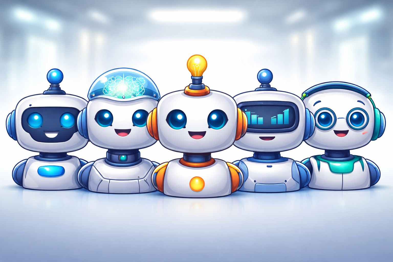 Illustrated row of friendly robot faces representing different AI tools.