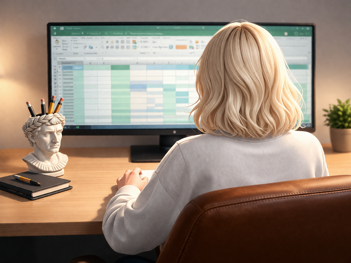 Illustrated workspace scene showing a woman at a desk with a spreadsheet on screen.