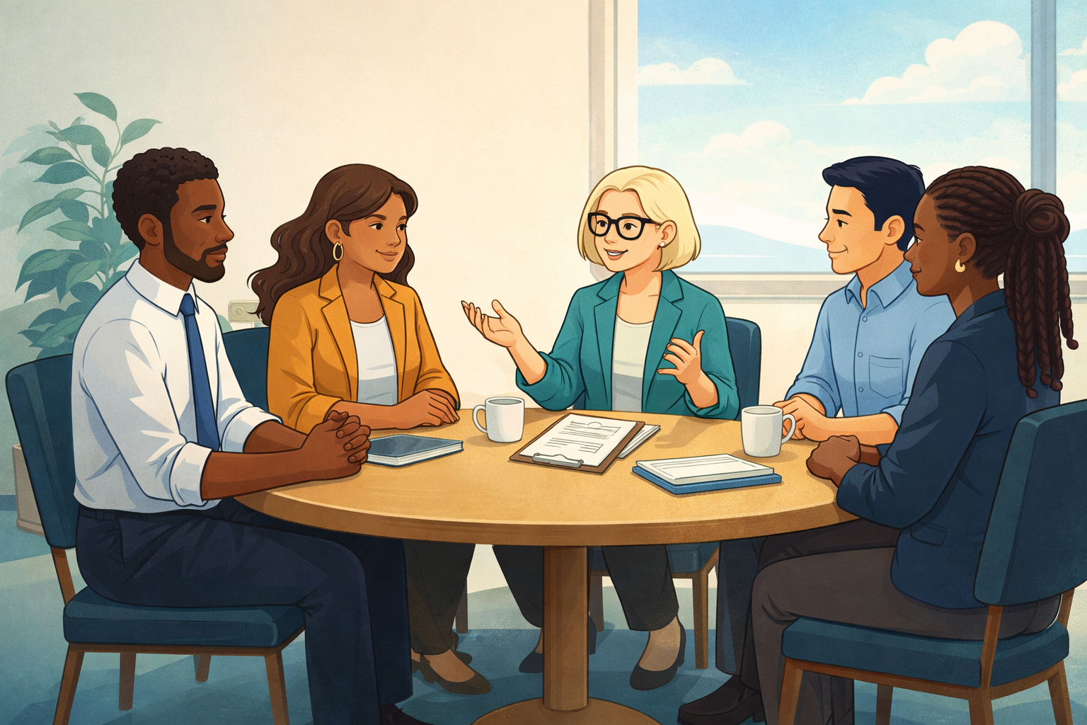 A cartoon-style illustration of diverse office professionals seated around a table in calm discussion